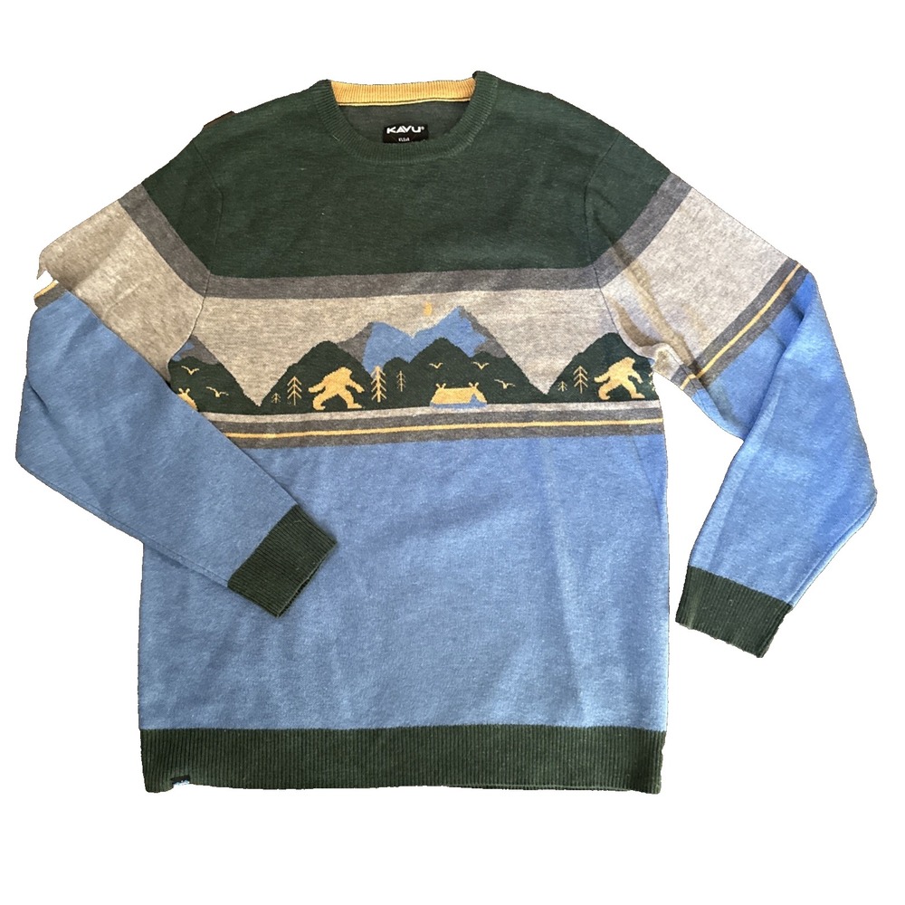 KAVU Highline Sweater Men Large Sasquatch Bigfoot Mountain Jacquard Wool Blend
